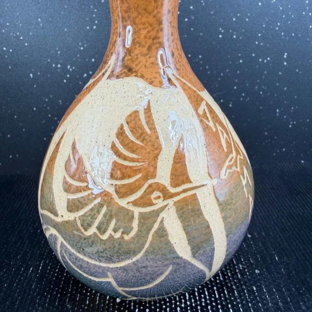 Frazer Signed Sgraffito Hummingbird Art Pottery Vase Ochre Green Purple 6 Inch